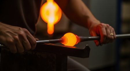 Hands of a glassblower expertly shaping glowing molten glass on a blowpipe in a dark workshop. focus on the intense orange and yellow light of the hot material, highlighting craftsmanship and traditional art.の素材