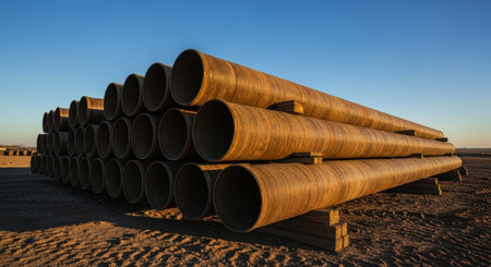 Stack of large rusty industrial steel pipes for oil and gas pipeline construction on a dirt ground under a clear blue sky.の素材