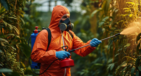 Worker in orange hazmat suit and gas mask spraying green plants with a backpack sprayer in a greenhouse, ensuring pest control and plant health.の素材