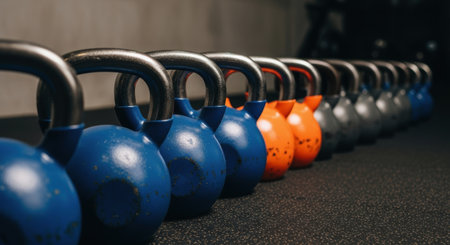 A long row of colorful kettlebells in blue, orange, and gray neatly arranged on a textured gym floor, ready for strength training and fitness workouts.の素材