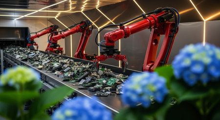 Red industrial robotic arms precisely sort electronic waste on a conveyor belt in a high tech recycling facility, emphasizing automation and sustainable technology.の素材