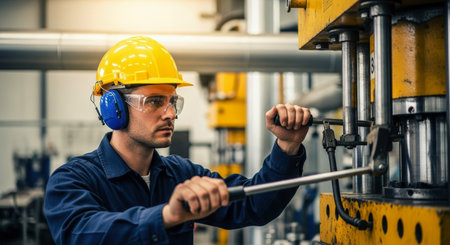 Male engineer in a factory operating a heavy industrial press machine, wearing a yellow safety helmet, clear glasses, and blue ear protection.の素材