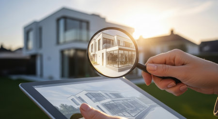 Close up of a hand holding a magnifying glass over a digital tablet screen displaying a modern architectural house design, with a contemporary home in the background under a sunny sky.の素材