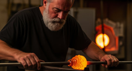 Glassblower expertly shaping glowing molten glass on a blowpipe, demonstrating traditional craftsmanship in a hot workshop environment.の素材