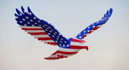 Glossy bald eagle statue adorned with the american flag stars and stripes, captured in a dynamic flying pose with wings spread, symbolizing freedom and patriotism.の素材