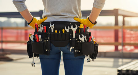 Woman construction worker from behind wearing a black tool belt filled with various hand tools like wrenches, screwdrivers, and pliers on a job site.の素材