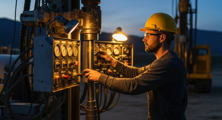Male engineer in yellow hard hat and safety glasses operating a heavy machinery control panel with gauges and levers, illuminated by a work lamp at dusk.の素材