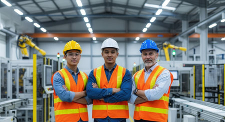 Three diverse male engineers and technicians wearing safety vests and hard hats, standing with arms crossed in a modern industrial factory with machinery.の素材