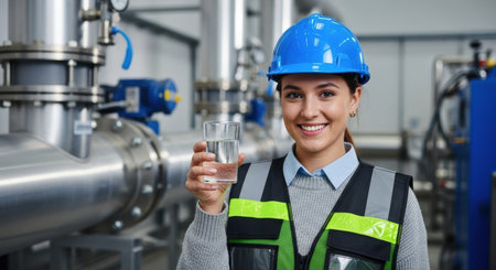 Smiling young woman engineer in blue hard hat and safety vest holding a glass of pure water, standing in an industrial facility with pipes and machinery.の素材