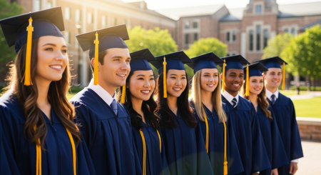 Diverse group of happy university graduates in academic caps and gowns smiling outdoors on a sunny college campus.の素材