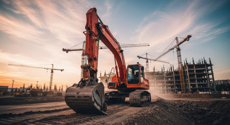 Large orange excavator with a muddy bucket on a dusty construction site, featuring cranes and unfinished buildings under a dramatic sunset sky, symbolizing development and industry.の素材
