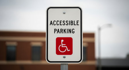 White rectangular accessible parking sign with black text and a red wheelchair symbol, indicating designated parking for disabled individuals and accessibility.の素材
