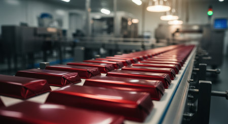 Identical red wrapped chocolate bars moving along a conveyor belt in a modern food production factory, showcasing automated packaging and manufacturing process.の素材