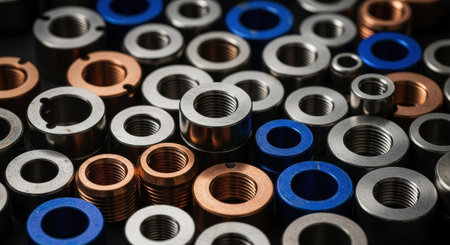Close up of various metal hydraulic fittings and bushings, including silver, copper, and blue parts. the circular components are scattered, showcasing different sizes and internal threading, ideal for industrial and mechanical concepts.の素材
