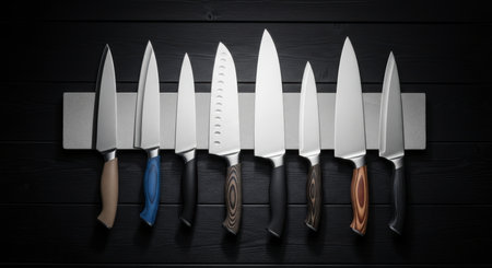 Nine assorted kitchen knives with polished stainless steel blades and various ergonomic handles, neatly arranged on a magnetic strip against a dark wooden background. essential kitchen tools for cooking and food preparation.の素材