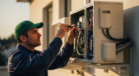 Male air conditioning technician in uniform and green cap servicing an outdoor HVAC unit with a screwdriver. depicts professional repair, maintenance, and installation of cooling systems.の素材