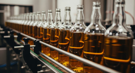Unlabeled clear glass bottles filled with golden amber liquid, resembling whiskey, moving along a stainless steel conveyor belt in a beverage production facility.の素材