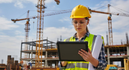 Female engineer wearing a hard hat and safety glasses, holding a digital tablet and blueprints at an active construction site with cranes and building structures.の素材