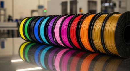 Brightly colored 3D printer filament spools arranged in a long row, reflecting on a glossy surface. features a spectrum of vibrant colors, representing materials for additive manufacturing and prototyping.の素材