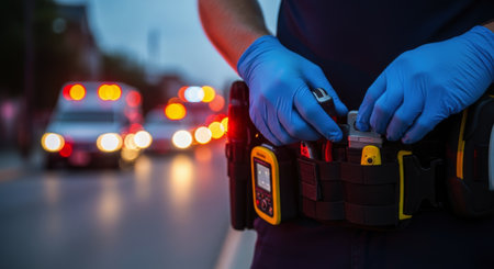 Paramedic gloved hands organizing medical equipment on a utility belt. blurred ambulance lights and vehicle bokeh in the background at night, symbolizing emergency response and healthcare.の素材