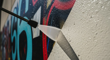 High pressure water stream from a power washer nozzle cleaning vibrant graffiti off a textured wall, creating a clean line and revealing the original surface.の素材