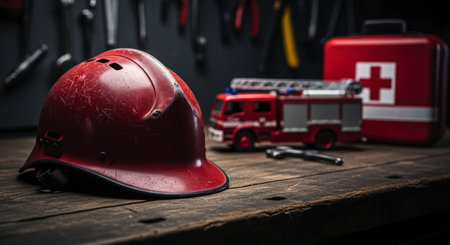 Worn matte red rescue helmet resting on a distressed dark wooden workbench. a blurred fire truck and first aid kit are in the background, symbolizing emergency services and safety.の素材