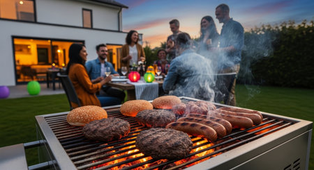 Juicy beef burgers and sausages sizzling on a barbecue grill, smoke rising, as happy friends gather for a lively outdoor evening party in a backyard.の素材