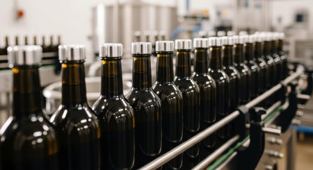 Row of dark glass bottles with silver caps on a conveyor belt in a modern olive oil bottling plant, showcasing industrial production and packaging.の素材