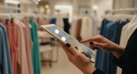 Woman hands holding a white digital tablet, browsing online in a modern clothing store with blurred racks of apparel in the background. concept of retail technology and e commerce.の素材