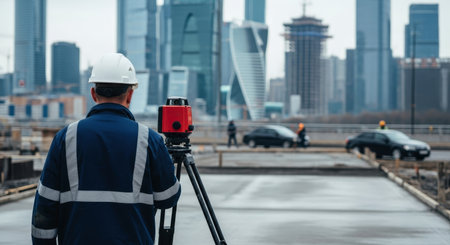 Engineer using a total station for land surveying at a large urban construction project, with a modern city skyline visible in the background.の素材