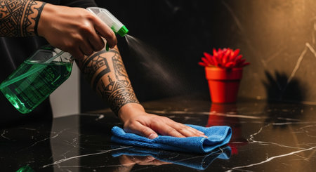 Tattooed hand spraying green cleaning solution onto a sleek black marble countertop and wiping with a blue microfiber cloth. focus on hygiene, domestic chores, and home maintenance.の素材