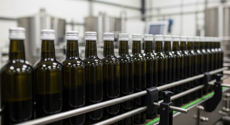 Dark glass bottles filled with olive oil moving along a conveyor belt in a modern food processing factory, illustrating industrial automation and efficiency.の素材