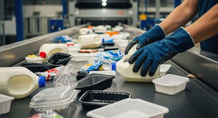 Gloved hands of a worker sorting various plastic waste items like bottles and containers on a conveyor belt in a modern recycling factory, emphasizing environmental protection and sustainability.の素材