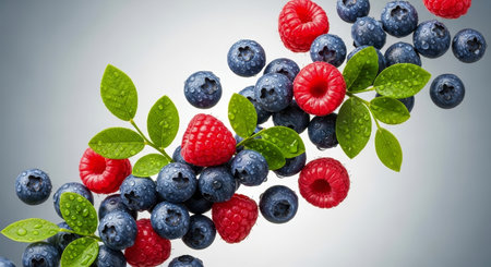 Fresh blueberries and raspberries with green leaves and glistening water drops, captured in a dynamic floating arrangement. healthy, natural, and vibrant berries.の素材