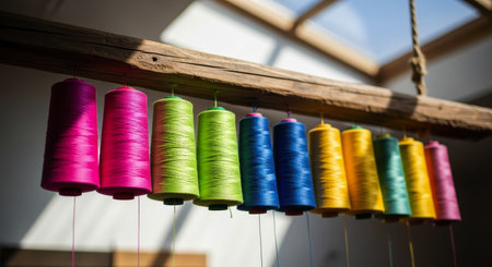 Eleven vibrant spools of fuchsia, lime green, deep blue, and goldenrod thread suspended from a rustic wooden beam, illuminated by natural light.の素材