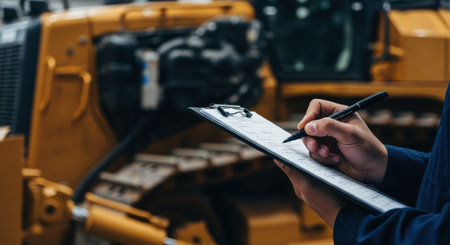 Technician hand in blue uniform holding a clipboard and writing with a pen, inspecting a large yellow heavy construction machine in a workshop or job site.の素材
