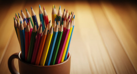 Collection of vibrant sharpened wooden pencils standing upright in a rustic ceramic mug on a warm wooden table, symbolizing creativity and education.の素材