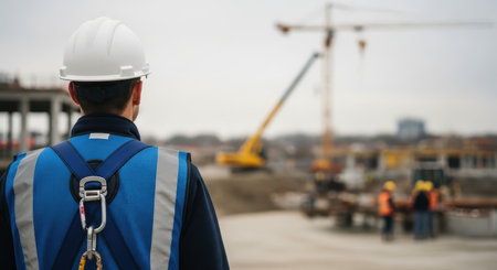 Construction worker wearing a white hard hat and blue high visibility safety vest, seen from behind, observing a large building site with cranes and ongoing work.の素材