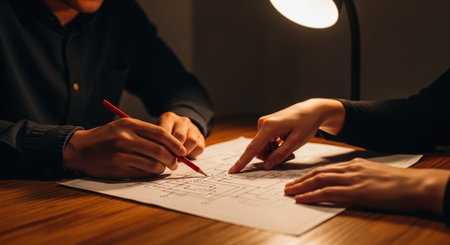 Two pairs of hands meticulously reviewing a detailed electrical wiring blueprint on a wooden desk, illuminated by a warm desk lamp. one hand points while the other holds a red pencil, indicating focused collaboration and planning.の素材