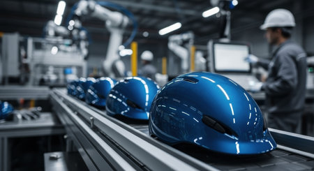 Sleek blue sports helmets on an automated production line in a high tech factory, with robotic arms and a worker in the background, symbolizing modern manufacturing and efficiency.の素材
