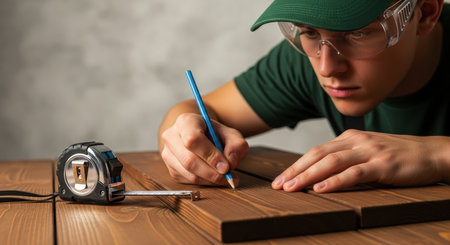 Young male worker wearing a green cap and safety glasses, focused on precisely marking a wooden board with a pencil. a tape measure is visible on the wooden surface.の素材