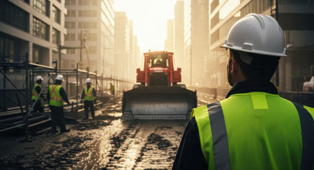 Construction worker in white hard hat and neon green safety vest, viewed from behind, observing a busy urban construction site with heavy machinery and other workers. represents safety, industry, and urban development.の素材