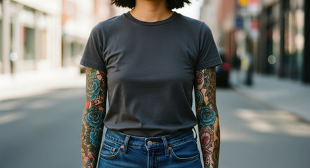 Woman wearing a plain charcoal grey short sleeve t shirt and blue jeans, showcasing full sleeve tattoos on both arms, standing on an urban street.の素材