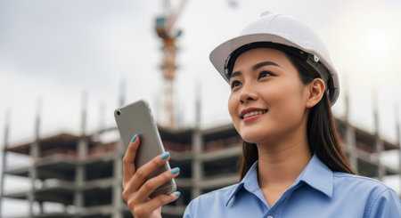 Smiling asian woman engineer in a white hard hat and blue work shirt, holding a smartphone at a construction site with an unfinished building and crane, symbolizing technology and progress in construction.の素材