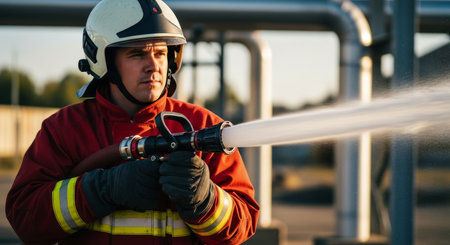 Firefighter in red protective suit and white helmet holding a hose nozzle, spraying a powerful stream of water. focus on emergency response, safety, and protection.の素材