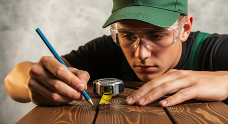 Young male worker in safety glasses and green cap meticulously marking wooden surface with pencil and tape measure, focusing on precision and craftsmanship.の素材