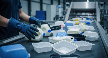 Worker gloved hands sorting various plastic containers and bottles on a conveyor belt in a modern recycling plant, emphasizing waste management and sustainability.の素材