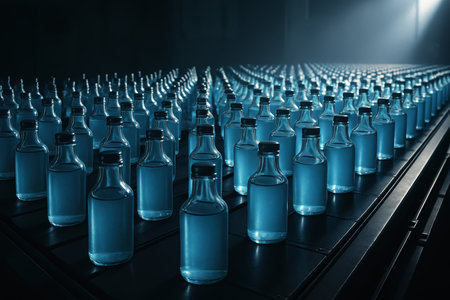 Hundreds of identical clear glass bottles filled with blue liquid, neatly arranged in rows on a dark production line, symbolizing mass manufacturing and industrial efficiency.の素材