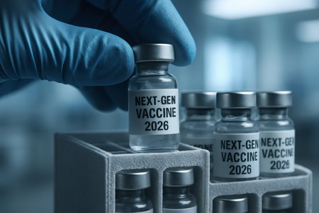 Gloved hand carefully placing a next gen vaccine 2026 vial into a rack, symbolizing medical research, future healthcare, and scientific development in a laboratory.の素材