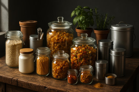 Assortment of glass jars, metal canisters, and ceramic containers filled with dry food goods and herbs on a rustic wooden table, promoting a sustainable zero waste pantry.の素材